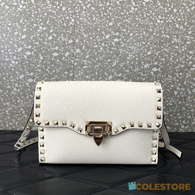 Colestore Valentino Garavani Small Rockstud Grainy Calfskin Crossbody Bag Light Ivory 22.5x15x6cm - 1