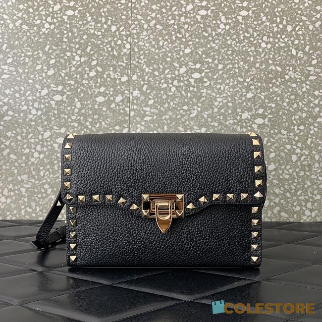 Colestore Valentino Garavani Small Rockstud Grainy Calfskin Crossbody Bag Black 22.5x15x6cm - 1