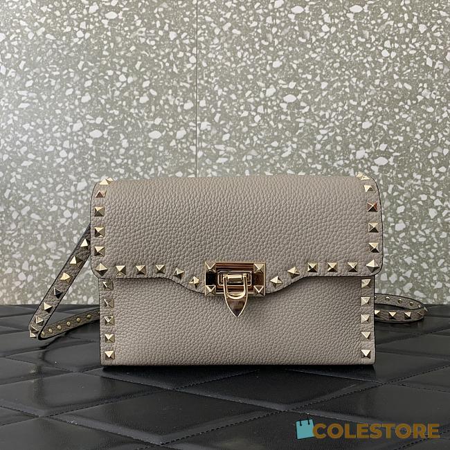 Colestore Valentino Garavani Small Rockstud Grainy Calfskin Crossbody Bag Grey 22.5x15x6cm - 1