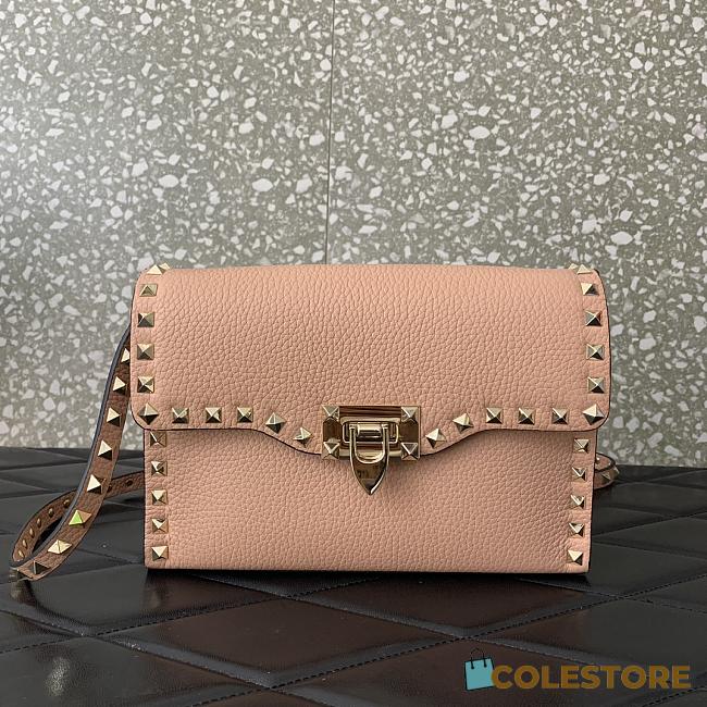 Colestore Valentino Garavani Small Rockstud Grainy Calfskin Crossbody Bag Poudre 22.5x15x6cm - 1