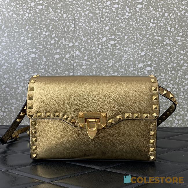	 Colestore Valentino Garavani Small Rockstud Grainy Calfskin Crossbody Bag Gold 22.5x15x6cm - 1