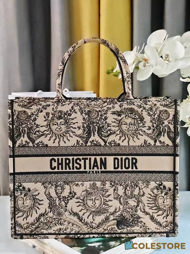 Colestore Dior Book Tote Bag Astrological/Sun & Moon Beige and Black Embroidery Motif 41.5x34.5x16cm - 1