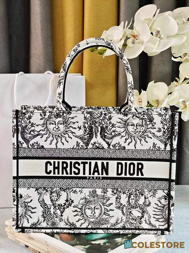 	 Colestore Dior Book Tote Bag Astrological/Sun & Moon White and Black Embroidery Motif 36.5x28x14cm - 1
