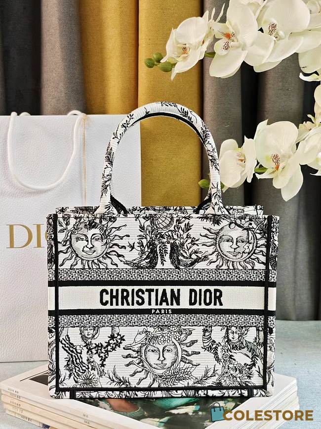 	 Colestore Dior Book Tote Bag Astrological/Sun & Moon White and Black Embroidery Motif 26.5 x21 x14 cm - 1