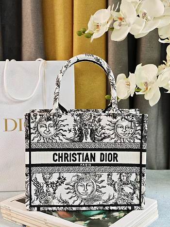 	 Colestore Dior Book Tote Bag Astrological/Sun & Moon White and Black Embroidery Motif 26.5 x21 x14 cm
