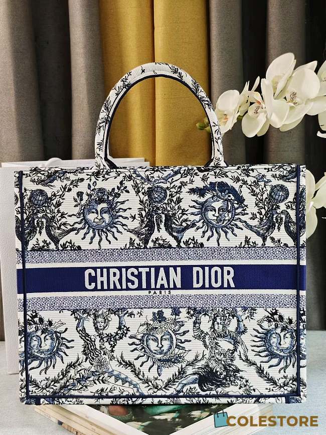 	 Colestore Dior Book Tote Bag Astrological/Sun & Moon Navy and White Embroidery Motif 41.5x34.5x16cm - 1