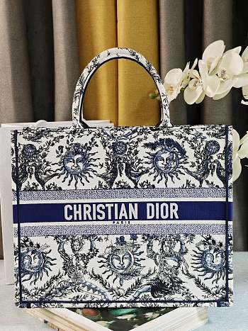 	 Colestore Dior Book Tote Bag Astrological/Sun & Moon Navy and White Embroidery Motif 41.5x34.5x16cm