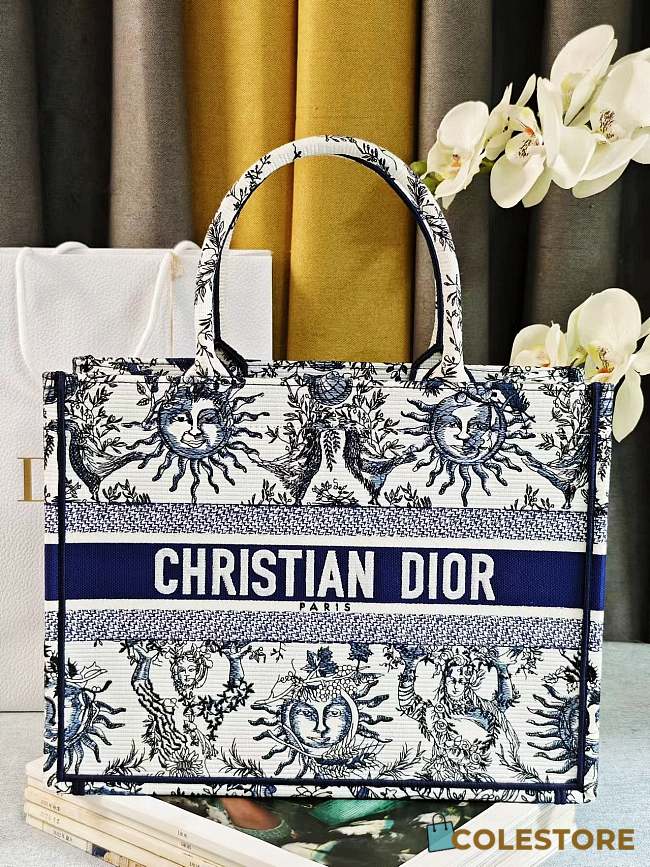 	 Colestore Dior Book Tote Bag Astrological/Sun & Moon Navy and White Embroidery Motif 36.5x28x14cm  - 1