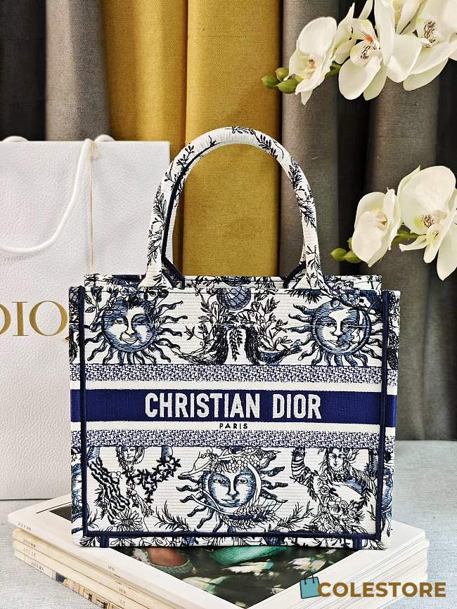 	 Colestore Dior Book Tote Bag Astrological/Sun & Moon Navy and White Embroidery Motif 26.5 x21 x14 cm - 1