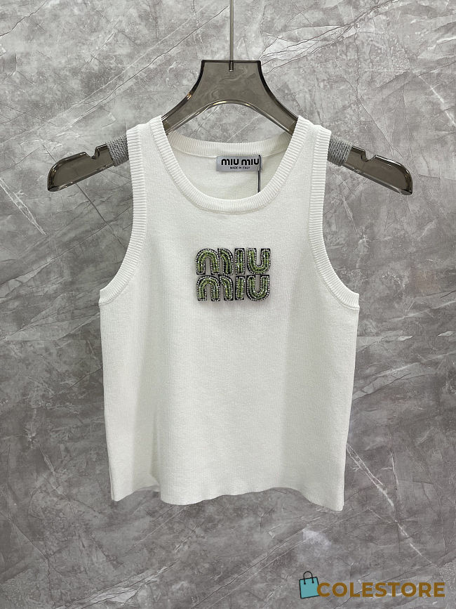 Colestore Miu Miu Logo Embellished Rhinestone Tank Top Green - 1