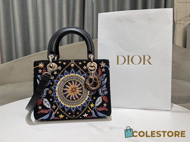 Colestore Dior Lady Dior Black Leather Air Embroidered and Beaded Medium 24 x 20 x 11cm - 1