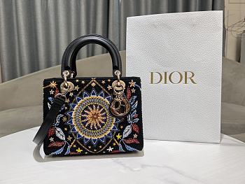 Colestore Dior Lady Dior Black Leather Air Embroidered and Beaded Medium 24 x 20 x 11cm