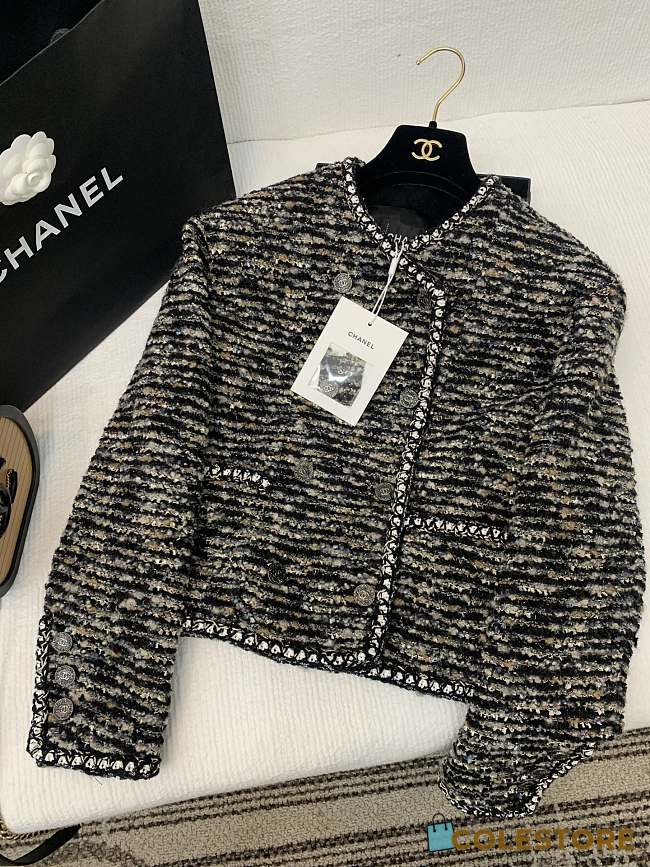 Colestore Chanel Tweed Jacket Black & Beige Metallic Knit with CC Buttons and Contrast Trim - 1