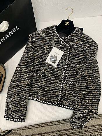 Colestore Chanel Tweed Jacket Black & Beige Metallic Knit with CC Buttons and Contrast Trim