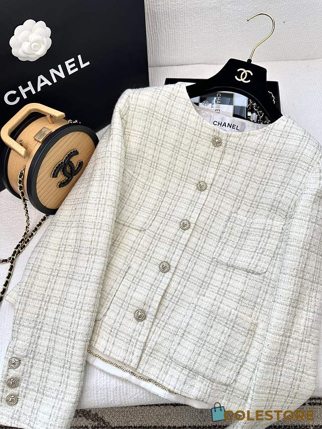 Colestore Chanel Tweed Jacket Ivory Check Pattern with CC Buttons - 1