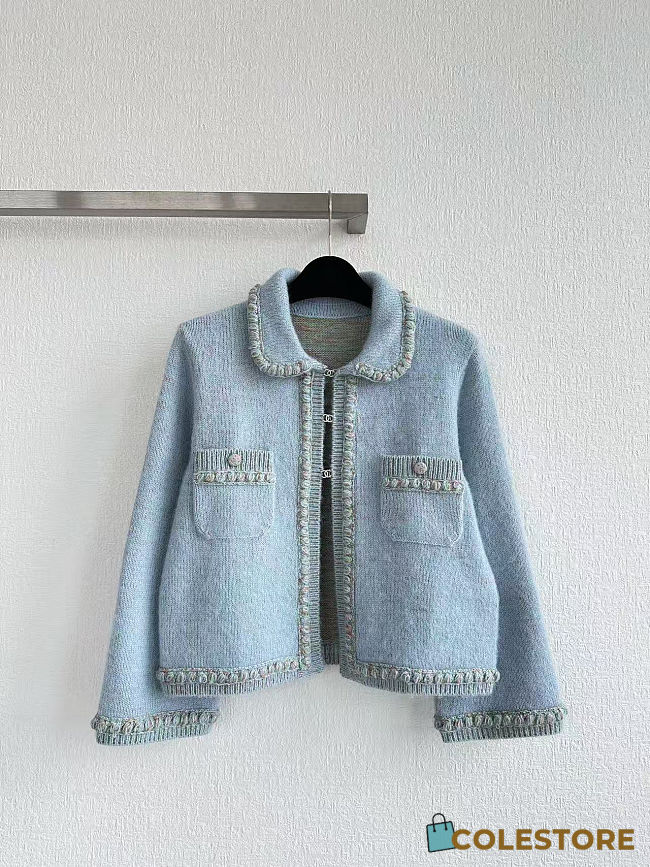 Colestore Chanel Knit Jacket Pastel Blue with Braided Trim & Front Pockets - 1