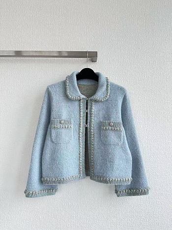 Colestore Chanel Knit Jacket Pastel Blue with Braided Trim & Front Pockets