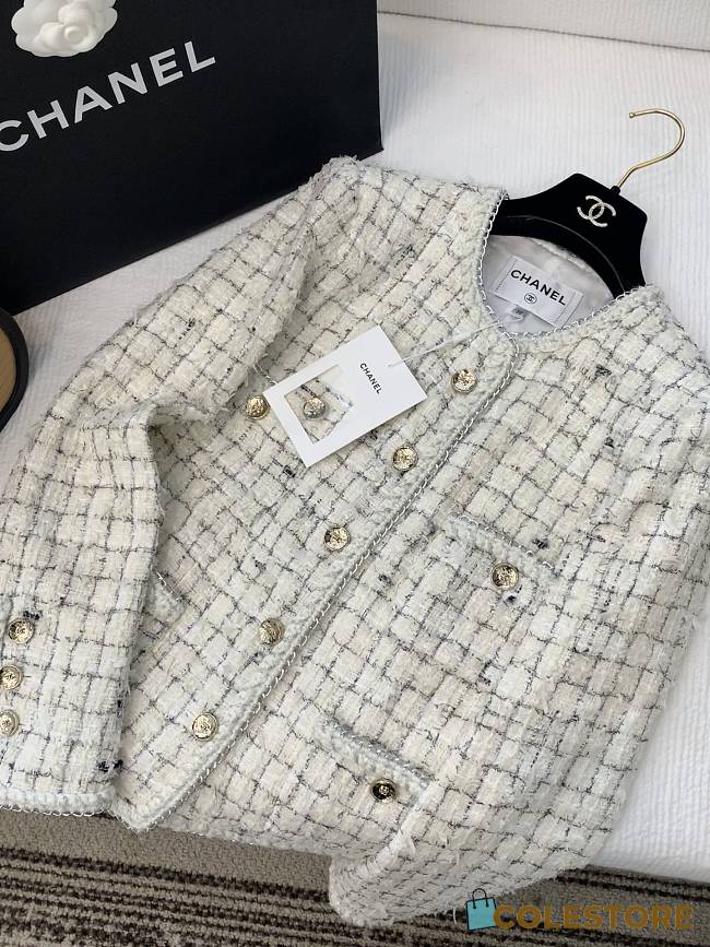 Colestore Chanel Tweed Jacket White & Grey Check with Gold CC Buttons - 1