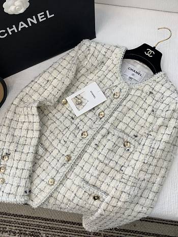 Colestore Chanel Tweed Jacket White & Grey Check with Gold CC Buttons