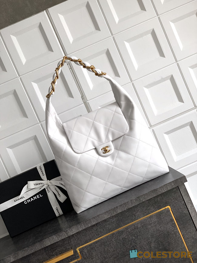 Colestore Chanel Maxi Hobo Bag Glossy Calfskin & Gold Metal White 34x36x12cm - 1