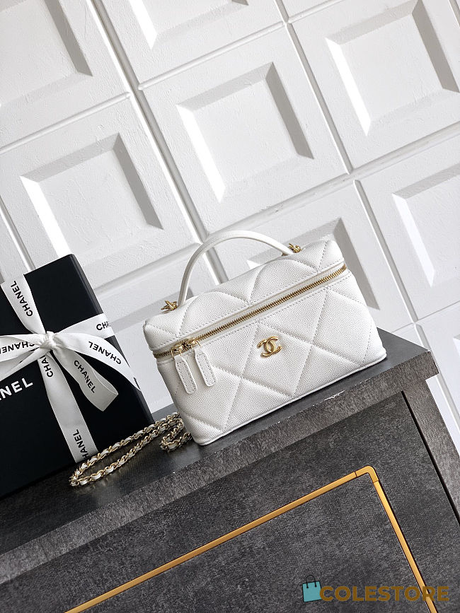 Colestore Chanel Vanity with Chain Grained Shiny Calfskin & Gold-Tone Metal White 17x19.5x5cm - 1