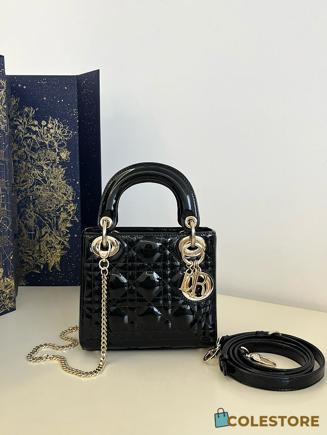 Colestore Dior Mini Lady Dior Bag Black Patent Cannage Calfskin Gold Hardware 17x7x15cm - 1