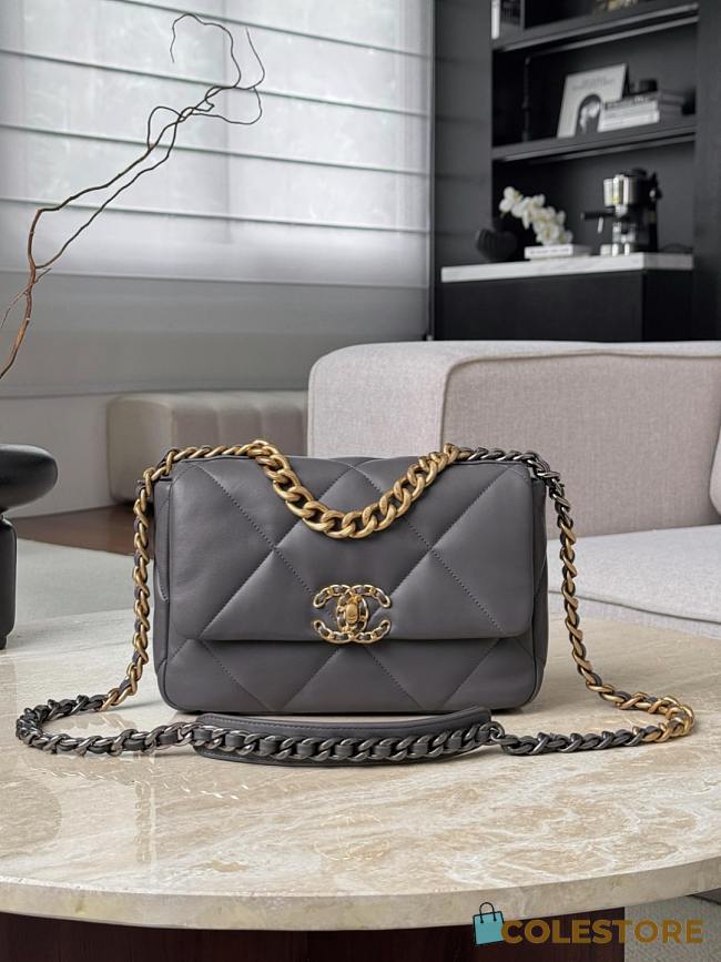 Colestore Chanel 19 Flap Bag Quilted Leather Medium Dark Grey 16x26x9cm - 1
