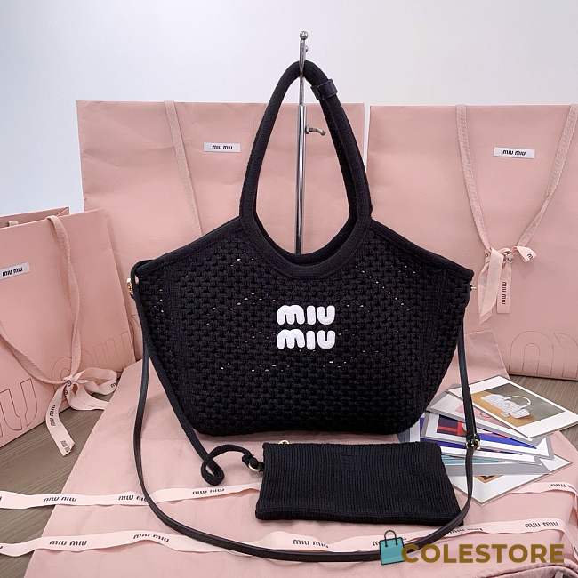 Colestore Miu Miu Ivy Cotton Mesh Bag Black 28x26x12.5cm - 1