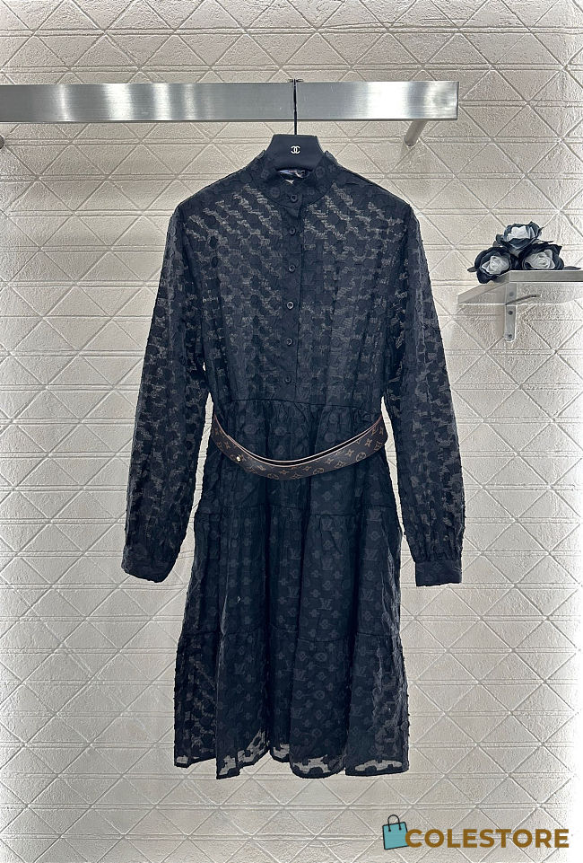 Colestore Louis Vuitton Monogram Sheer Long-Sleeve Shirt Dress in Black - 1