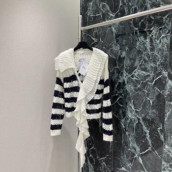 Colestore Dior Marinière Cardigan with Removable Ruched Collar Navy Blue and White Linen-Mohair-Wool-Blend Knit