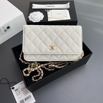 	 Colestore Chanel Classic Wallet with Strap Grained calfskin & Gold metal White 20x13x3.5cm
