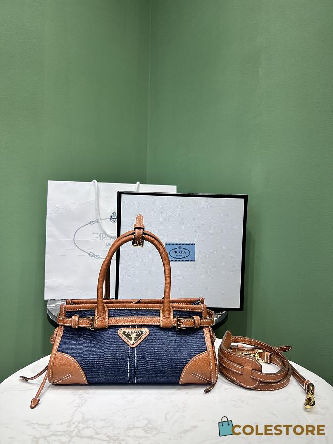 Colestore Prada Denim and Leather Top Handle Bag Dark blue Denim with Tan Leather Trim 23.5x12x9cm - 1