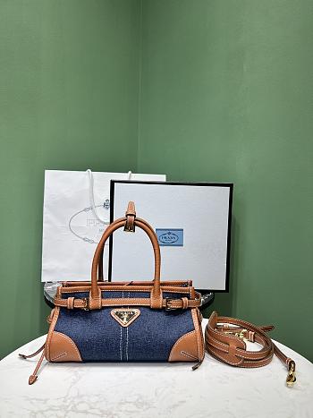 Colestore Prada Denim and Leather Top Handle Bag Dark blue Denim with Tan Leather Trim 23.5x12x9cm