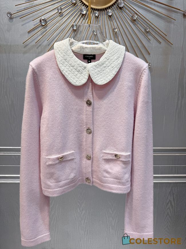 Colestore Chanel Pink Knit Cardigan with Quilted White Collar - 1