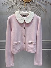 Colestore Chanel Pink Knit Cardigan with Quilted White Collar - 1