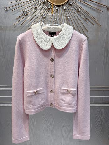 Colestore Chanel Pink Knit Cardigan with Quilted White Collar