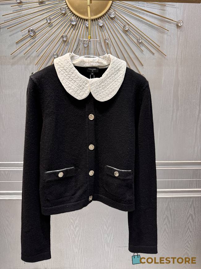 Colestore Chanel Black Knit Cardigan with Quilted White Collar - 1