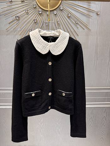 Colestore Chanel Black Knit Cardigan with Quilted White Collar