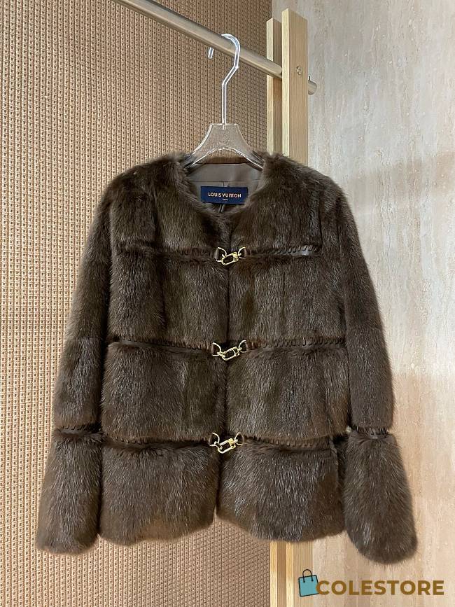 Colestore Louis Vuitton Brown Fur Jacket with Gold-Tone Clasp Detailing - 1