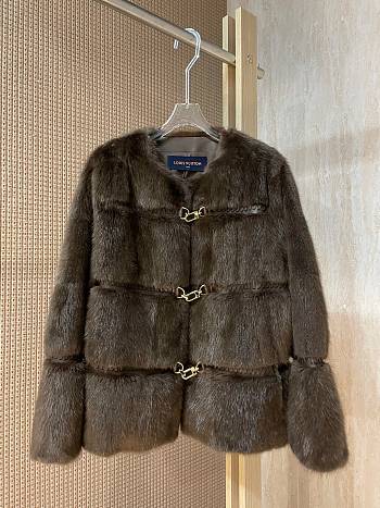 Colestore Louis Vuitton Brown Fur Jacket with Gold-Tone Clasp Detailing