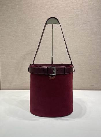 Colestore Prada Burgundy Prada Buckle belted suede bucket bag 26.5x29x18cm