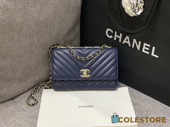 Colestore Chanel Navy Blue Calfskin Chevron Trendy CC Wallet On Chain (WOC) 19cm - 1