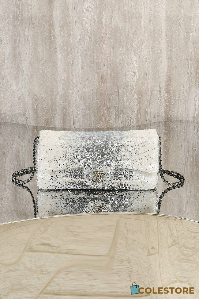 Colestore Chanel Silver White Sequins CC Flap Shoulder Bag 24x12x4cm - 1