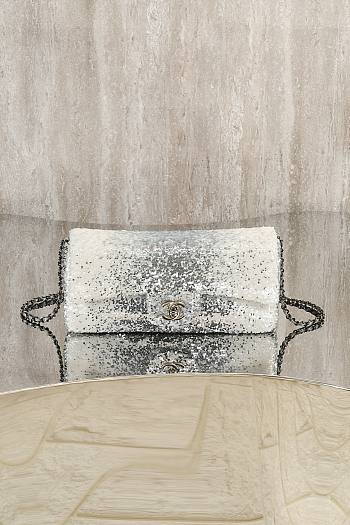 Colestore Chanel Silver White Sequins CC Flap Shoulder Bag 24x12x4cm