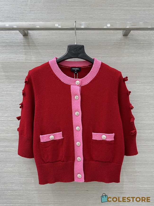 Colestore Chanel Red & Pink Contrast Trim Knit Cardigan - 1