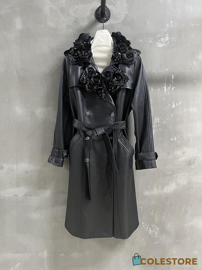 Colestore Chanel Camellia Lapel Tie-Front Leather Jacket – Turkish Deer Print - 1
