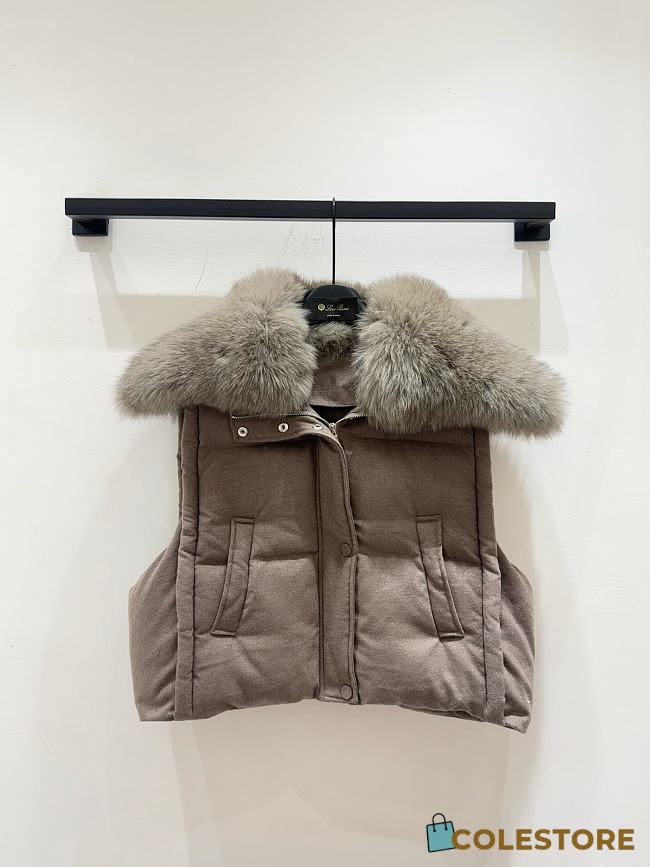 Colestore Yves Salomon Flannel Down Gilet with Fox Fur Collar Brown - 1