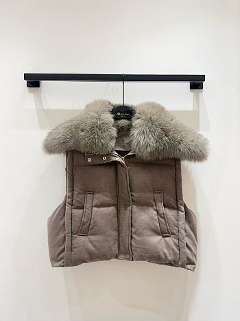 Colestore Yves Salomon Flannel Down Gilet with Fox Fur Collar Brown