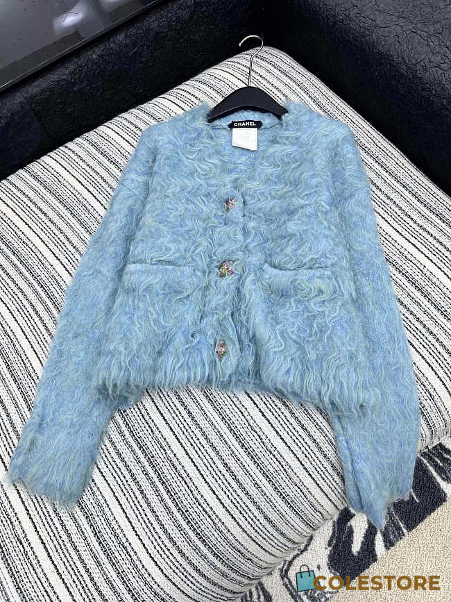 Colestore Chanel Blue Alpaca Wool V-Neck Jacket - 1