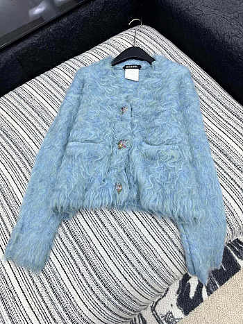 Colestore Chanel Blue Alpaca Wool V-Neck Jacket